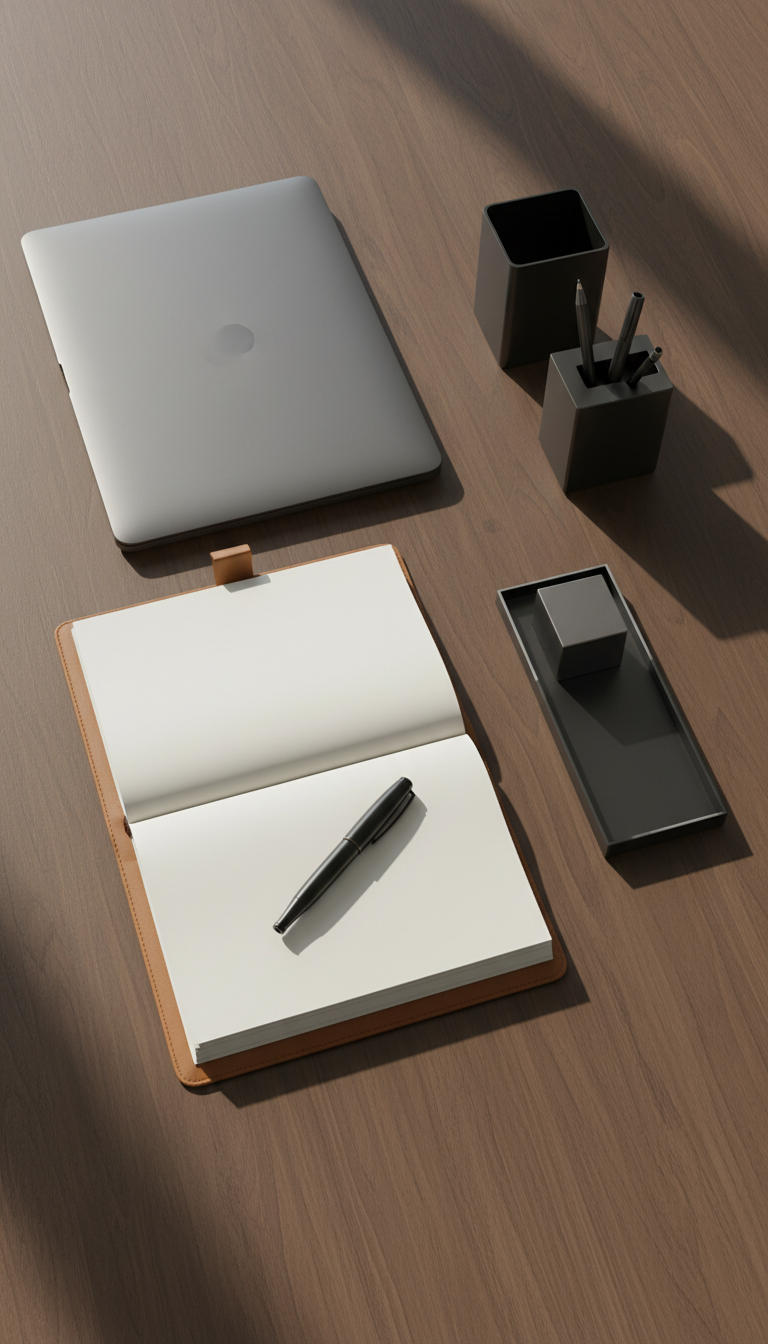 An elegant desktop featuring a sleek brushed aluminum laptop closed beside an open, leather-bound notebook with crisp white pages. Minimalist black fountain pen placed diagonally atop the notebook. The smooth, dark wood desk is spotless, bordered by geometric metal desk accessories in matte finishes. Soft afternoon light pours in from the left, creating gentle highlights on the laptop and subtle, structured shadows across the surface. The overall mood feels focused, deliberate, and uncluttered. Shot from an eye-level perspective using rule of thirds for a visually balanced, photographic, contemporary business aesthetic, reflecting disciplined thought and clear advice.